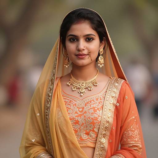 Photograph of a young Indian woman in an orange and gold traditional saree, adorned with intricate embroidery and gold jewelry, standing outdoors with a blurred background