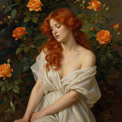 Romantic oil painting of a fair-skinned, red-haired woman with wavy hair, wearing an off-shoulder white gown, surrounded by vibrant