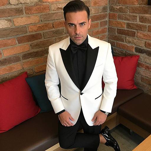 Photograph of a handsome man in a white tuxedo with black lapels and bow tie, standing in a brick-walled room with red and