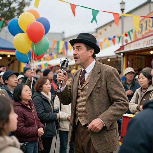 Photograph: Middle-aged man in brown tweed suit, black bowler hat, and vintage microphone, performing outdoors at a festive street fair with colorful