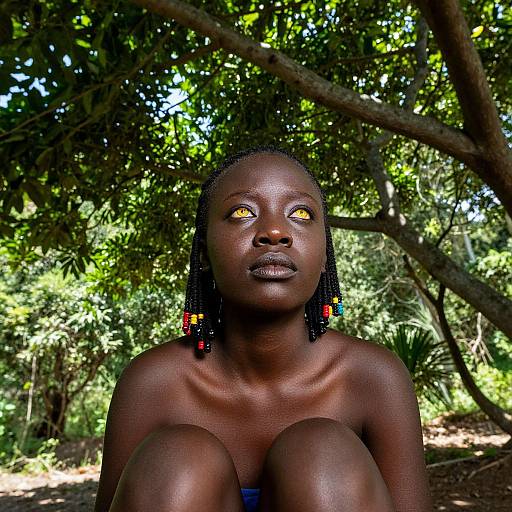 Photograph of a dark-skinned woman with glowing yellow eyes, black braided hair with colorful beads, sitting topless in a lush, green forest