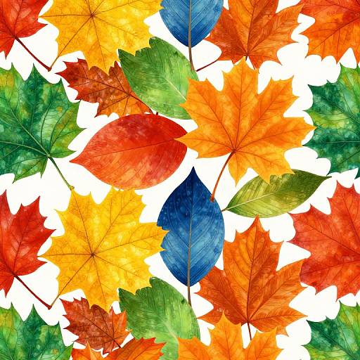Vibrant digital illustration of colorful autumn leaves, featuring red, orange, yellow, green, and blue, arranged in a random pattern against a white
