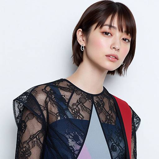 Photograph of an Asian woman with short brown hair, wearing a black lace top, white geometric pattern, red shoulder strap, and earrings, against a
