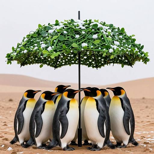 Photograph of six penguins standing under a green leafy umbrella in a sandy desert, with distant dunes in the background.