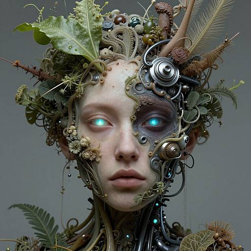Cybernetic portrait of a pale-skinned woman with glowing blue eyes, adorned with intricate mechanical and botanical elements, featuring leaves, feathers, and