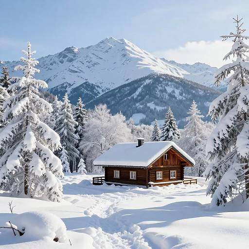 Photograph of a snow-covered wooden cabin nestled in a winter forest, with snow-laden trees and majestic, sunlit mountains in the background.