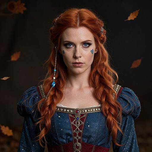 Photograph of a fair-skinned, red-haired woman with blue eyes, wearing an elaborate blue gown with gold trim, blue and turquoise jewelry, and