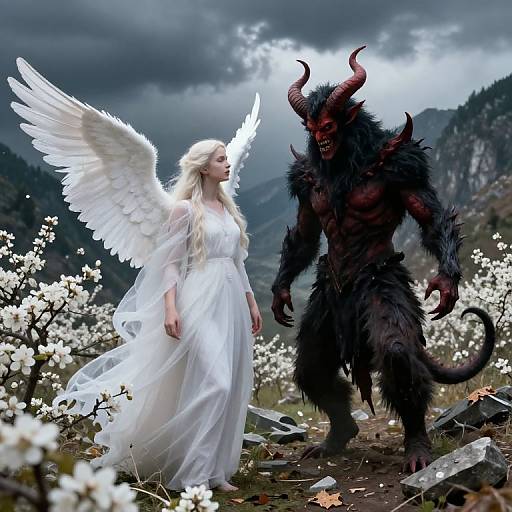 Photorealistic digital art: Angelic blonde woman in white dress with large wings stands facing demonic, horned, black-furred creature in rocky,