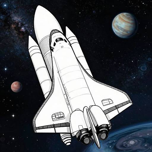 Illustration of a white space shuttle with detailed engines, soaring through a starry space with a colorful planet and galaxy in the background.