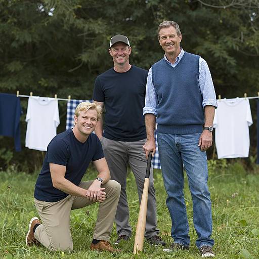Three Men in Field with Baseball Bat