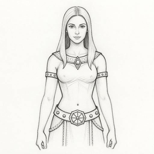 Black-and-white digital sketch of a confident, long-haired woman with a pentagram belt, arm bands, and a diamond necklace, standing front-facing.