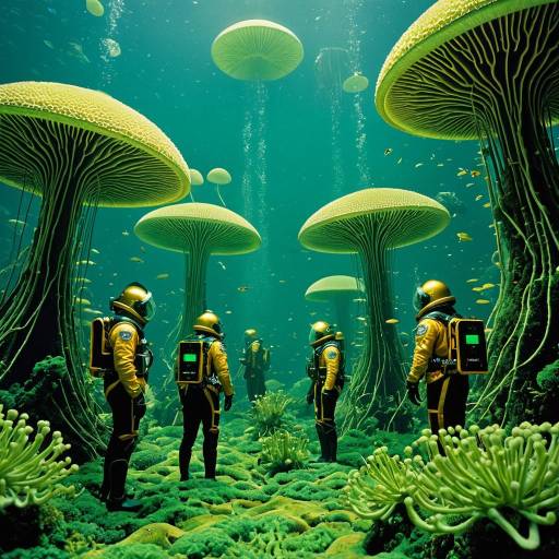 Futuristic Ocean Engineers Amidst Green Fungi Futuristic Ocean Engineers Amidst Green Fungi
