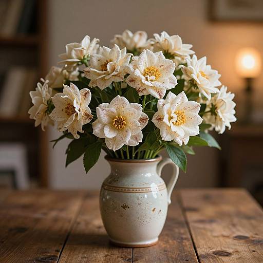 Photograph of a ceramic vase with white, yellow-centered flowers on a rustic wooden table, softly lit by a warm lamp.