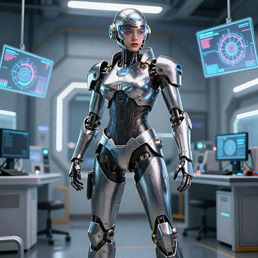 Photorealistic CGI of a silver female humanoid robot with a helmet, standing in a futuristic lab with glowing screens.