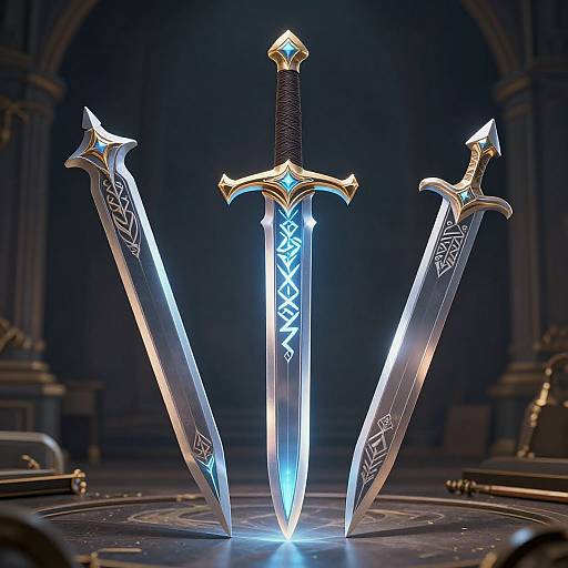 Photorealistic CGI of three glowing, ornate swords with blue runes and intricate designs, standing vertically on a dark, circular pedestal in a dimly
