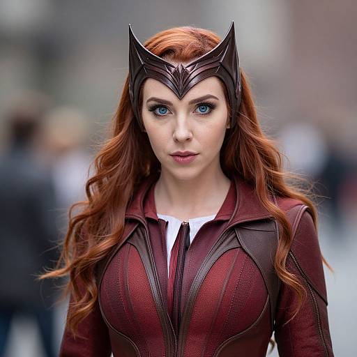 Photograph of a red-haired woman with blue eyes, wearing a dark red, form-fitting superhero suit with a black, cat-like headpiece,