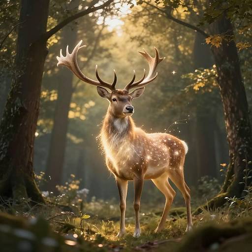 Photograph of a majestic, glowing stag with large antlers standing in a sunlit, enchanted forest, surrounded by dappled light and sparkling fairy