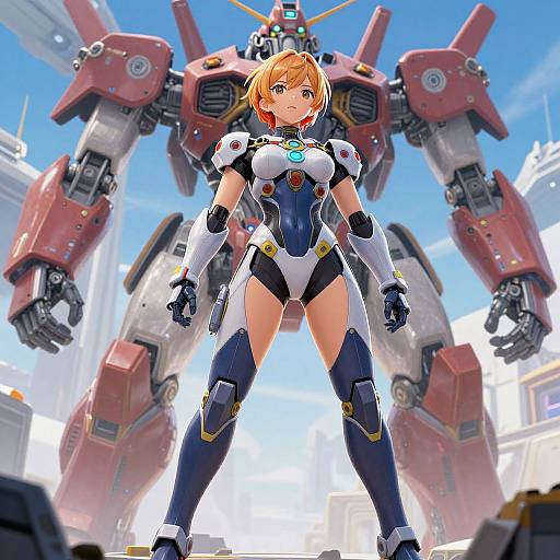 Digital anime-style artwork of a blonde, blue-eyed female mecha pilot in a white and blue armored suit, standing confidently in front of a large red
