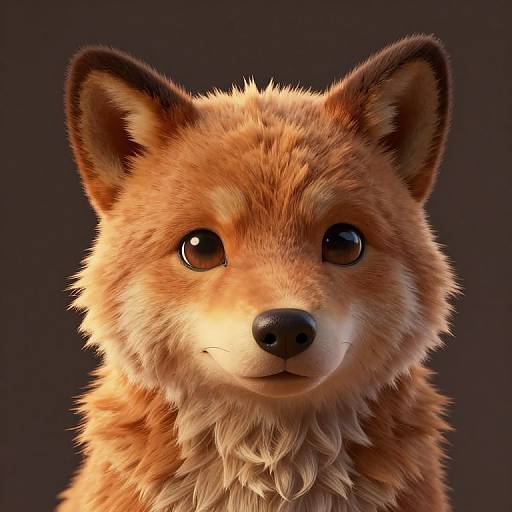 Digital artwork of a fluffy, realistic, anthropomorphic fox with large, shiny brown eyes, orange and white fur, and black-tipped ears against a