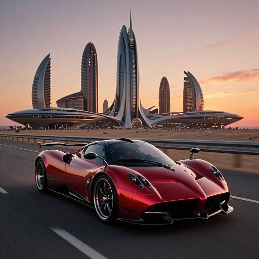 Photograph of a sleek, red sports car speeding on a highway with futuristic, curved skyscrapers at sunset in the background.