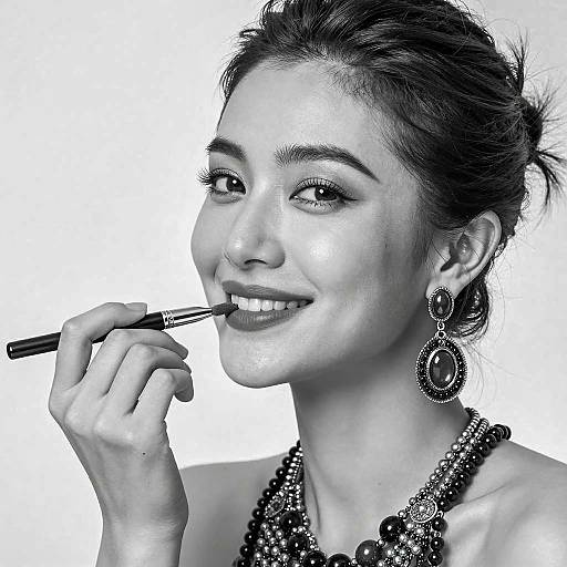 Elegant Woman Applying Lipstick in Black and White