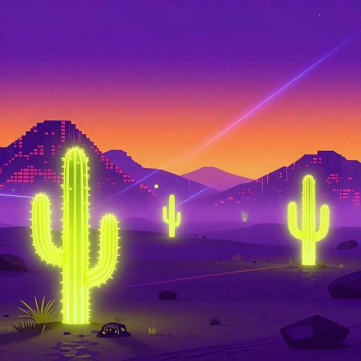 Pixel art desert at sunset with glowing yellow cacti, purple mountains, orange sky, and laser beams. Neon-lit, vibrant, and futuristic