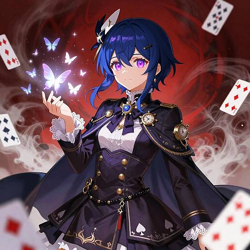 Anime Girl with Gothic-Lolita Military Outfit and Magical Butterflies