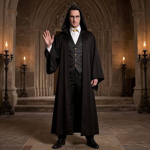 Photograph of a man with pale skin, black hair, glasses, and black robes, waving in a dimly lit gothic cathedral with lit candles