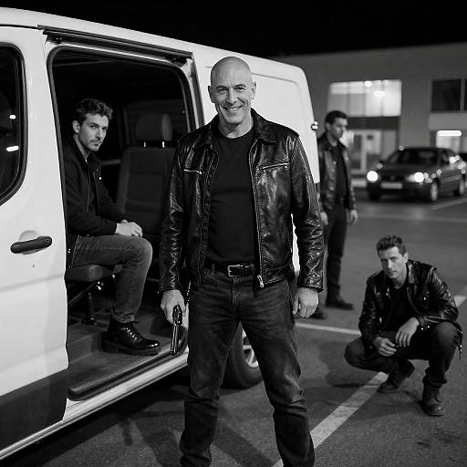 Bald Man Holding Gun by Van at Night