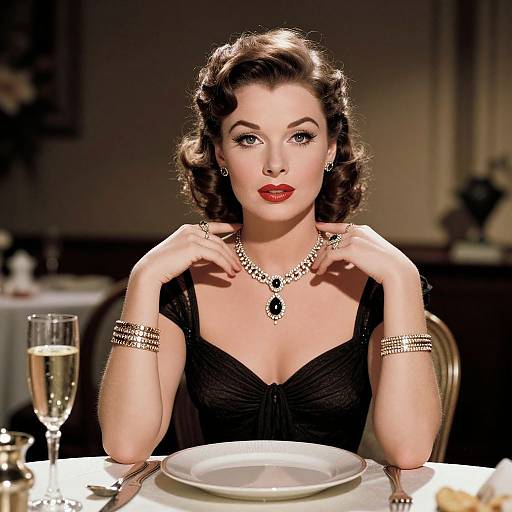 Vintage-style photograph of a fair-skinned woman with dark, wavy hair, red lipstick, black dress, and jewelry, sitting at an elegant dinner