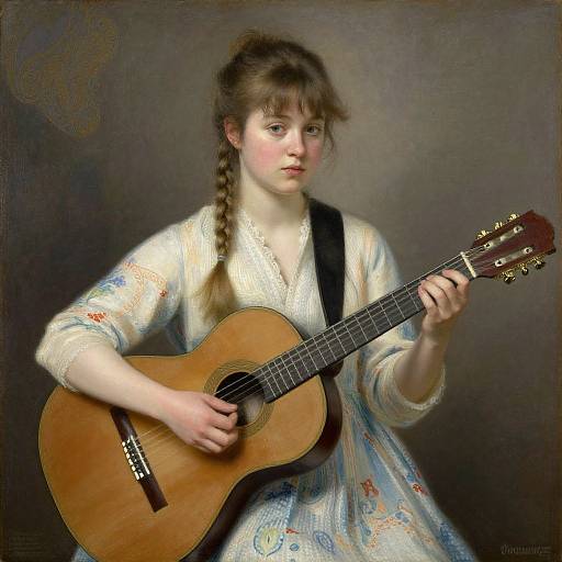Digital painting of a young Caucasian girl with braided brown hair, wearing a white lace dress, playing an acoustic guitar against a dark background.