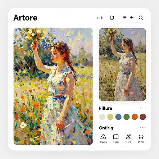 Digital painting tutorial showcasing a woman in a white dress with blue accents, holding flowers in a meadow. Art style: Filled with vibrant, impression