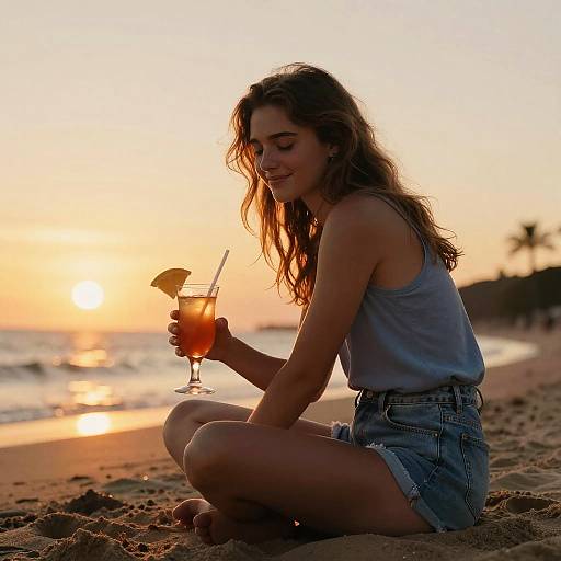 Photograph of a smiling young woman with wavy brown hair, wearing a blue tank top and denim shorts, sitting on a sandy beach at sunset,