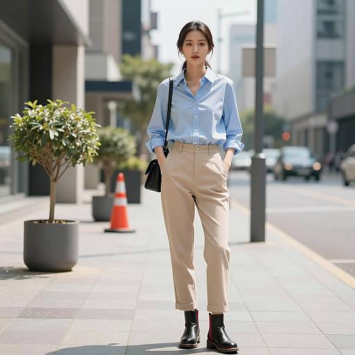 Young Asian Woman Standing on Urban Sidewalk