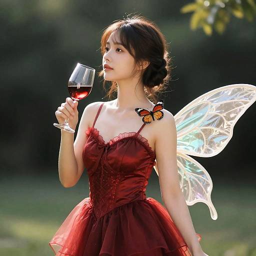 Woman in Red Dress with Wine Glass and Butterfly Wings