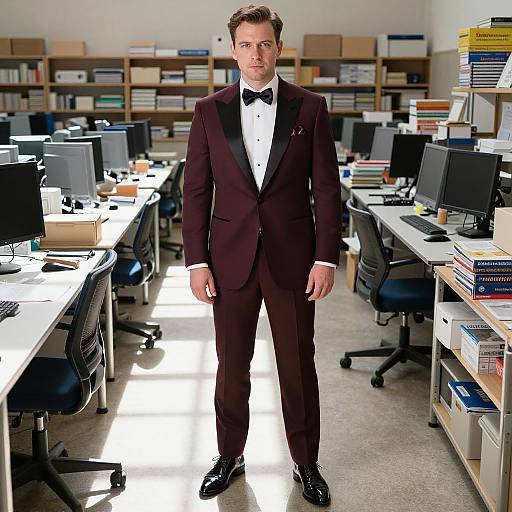 Photograph of a handsome, caucasian man in a dark purple tuxedo with black bow tie, standing in a sunlit office with computer
