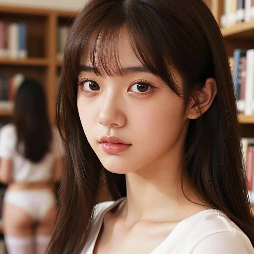 Young Woman in Library with White Clothing