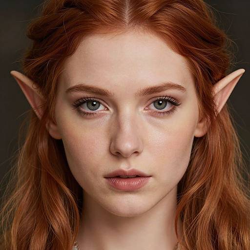 Photorealistic digital portrait of a fair-skinned, red-haired elf with pointed ears, blue eyes, and natural makeup against a dark background.
