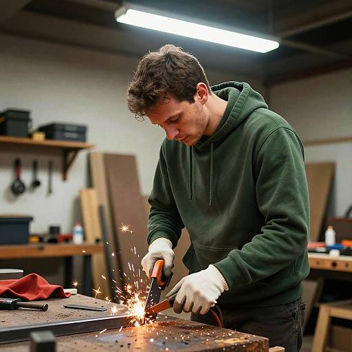 Focused Man Cutting Metal in Workshop