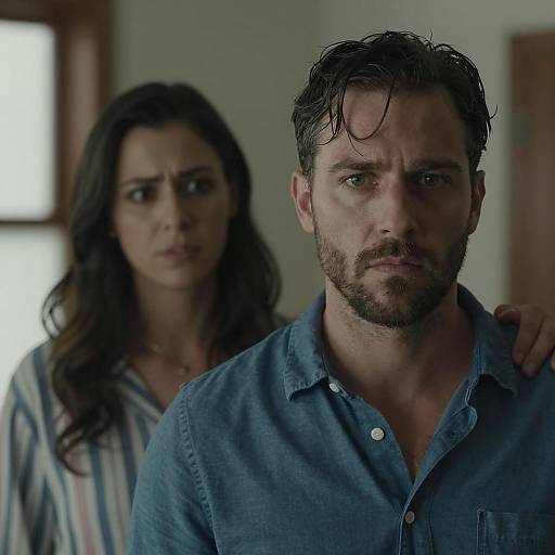 Photograph of a serious, bearded man in a blue shirt, with wet hair, standing in front of a concerned woman in a striped shirt,