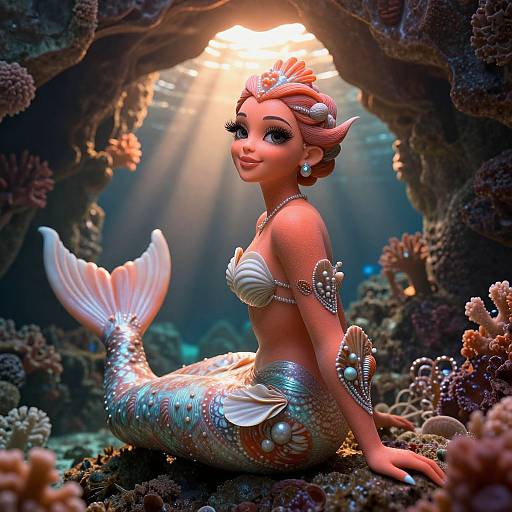 CGI mermaid with pink hair, pearl shell bikini, and shimmering tail, sitting in a sunlit underwater cave surrounded by coral.