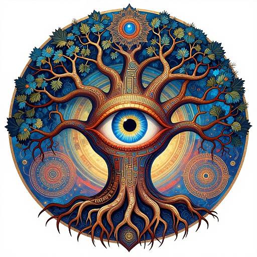 Digital artwork of a central blue eye with intricate tree roots, surrounded by circular mandalas, blue leaves, and vibrant cosmic patterns.