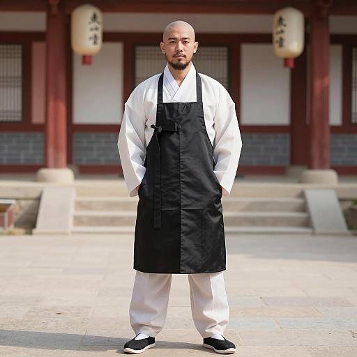 Man in Traditional Korean Hanbok and Black Apron