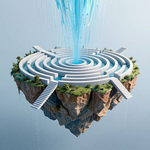 Floating island with circular white maze, waterfalls, and grass, surrounded by cliffs, reflecting in water. Digital CGI artwork.