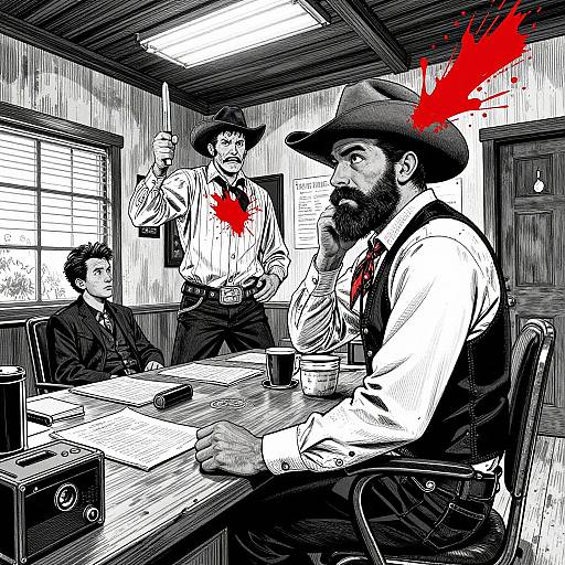 Black-and-white digital comic: three bearded men in Western attire, one with a red bullet wound, sitting in a wooden office.