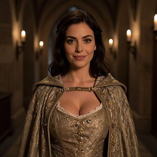 Photograph of a brunette woman with wavy hair, wearing an ornate, gold-embroidered medieval dress and cape, standing in a dim