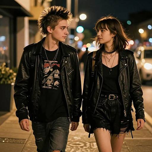 Photograph of a young couple walking at night on a brightly lit street. Both wear black leather jackets, dark clothing, and spiked hair, with a