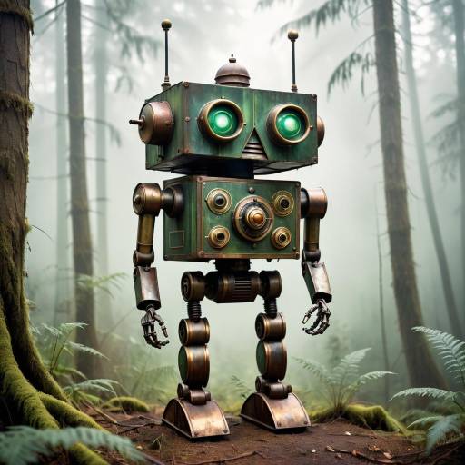 Whimsical Steam-Powered Robot in Forest