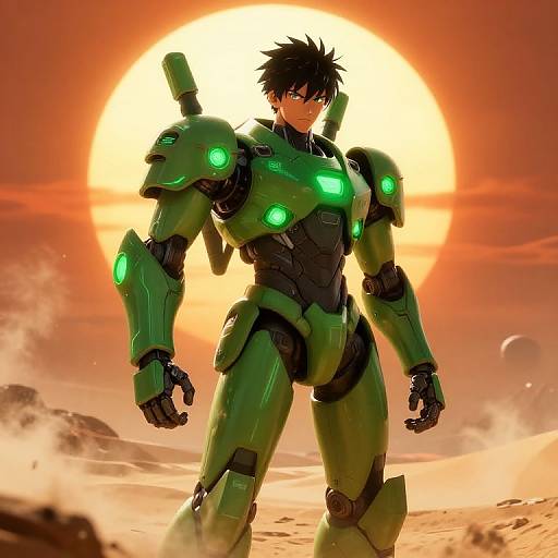 Green Anime Mech Warrior on Desert Planet