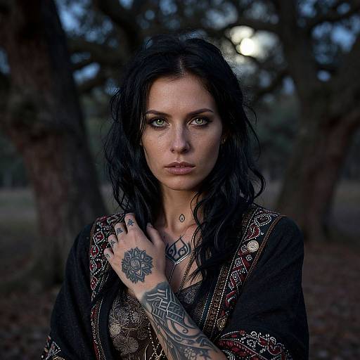 Photograph of a tattooed, pale-skinned woman with long, wet black hair, intense green eyes, wearing a detailed black and gold embroidered top